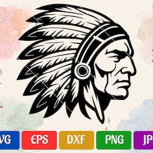 May include: Black and white silhouette of a Native American man wearing a headdress with feathers. The man is looking to the right and has a serious expression on his face.