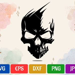 May include: A black and white skull graphic with a stylized, edgy design. The skull is facing forward with a sharp, angular shape.