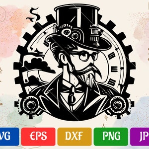 May include: Black and white illustration of a steampunk gentleman wearing a top hat and goggles, set against a circular gear background.
