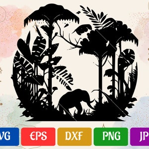 May include: Black silhouette of an elephant standing in a jungle with tall trees and lush foliage.
