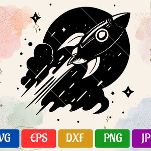 May include: Black and white silhouette of a rocket ship taking off into space. The rocket is surrounded by stars and a cloud of smoke.