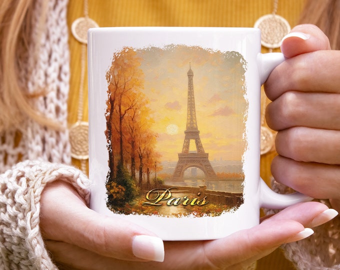 Parijs in de herfst mok, Parijse stadsgezicht mok, vintage Franse schilderkunst, Parijs in de herfst, Eiffeltoren mok, Frankrijk mok, Europees, 11oz mok