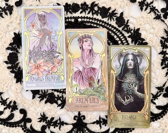May include: Three tarot cards with Art Nouveau style illustrations. The cards feature images of women and botanical elements. The text on the cards reads "ANGEL'S TRUMPET BRUGMANSIA", "ARUM LILY ARUM MACULATUM", and "BALANIS HAMADRYAD".