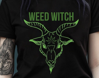 Baphomet Shirt, Weed Witch, Goblincore Goat Head, Witchy Stoner Gifts for Her, Marijuana Leaf Cannabis TShirt, 420 Gift for Friend, Goth Alt