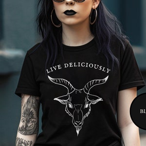 Black Phillip Shirt Live Deliciously Baphomet Godless Clothes Witchcore Aesthetic Witch Horror Fan Gift Pagan Occult Satanic Gothic Clothing