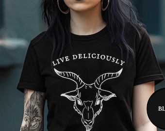 Black Phillip Shirt Live Deliciously Baphomet Godless Clothes Witchcore Aesthetic Witch Horror Fan Gift Pagan Occult Satanic Gothic Clothing