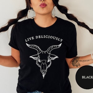 Live Deliciously Folk Horror Shirt, Trendy Black Phillip Witch T-Shirt, Witchy Gifts For Her, Pagan Occult Clothing, Dark Aesthetic Fashion