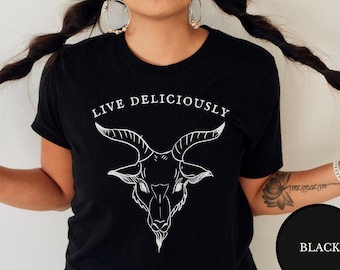 Live Deliciously Folk Horror Shirt, Trendy Black Phillip Witch T-Shirt, Witchy Gifts For Her, Pagan Occult Clothing, Dark Aesthetic Fashion