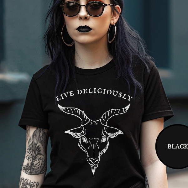 Black Phillip Shirt Live Deliciously Baphomet Godless Clothes Witchcore Aesthetic Witch Horror Fan Gift Pagan Occult Satanic Gothic Clothing