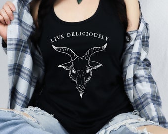 LIVE DELICIOUSLY Racerback Tank Top, Pagan Occult Satanic Goat Head, Dark Grunge Goth, Witch Horror Fan Gift, Witchcore Aesthetic Clothing