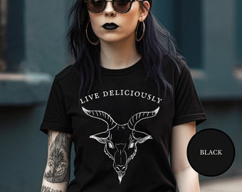 Black Phillip Shirt Live Deliciously Baphomet Godless Clothes Witchcore Aesthetic Witch Horror Fan Gift Pagan Occult Satanic Gothic Clothing