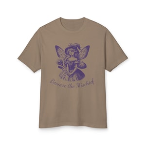 Unisex Faded Brown Vintage Style Retro Fairy Grunge T-Shirt featuring a Purple Winged Fairy and the sarcastic saying Beware the Mischief in this cute whimsical nature shirt for fairy lovers