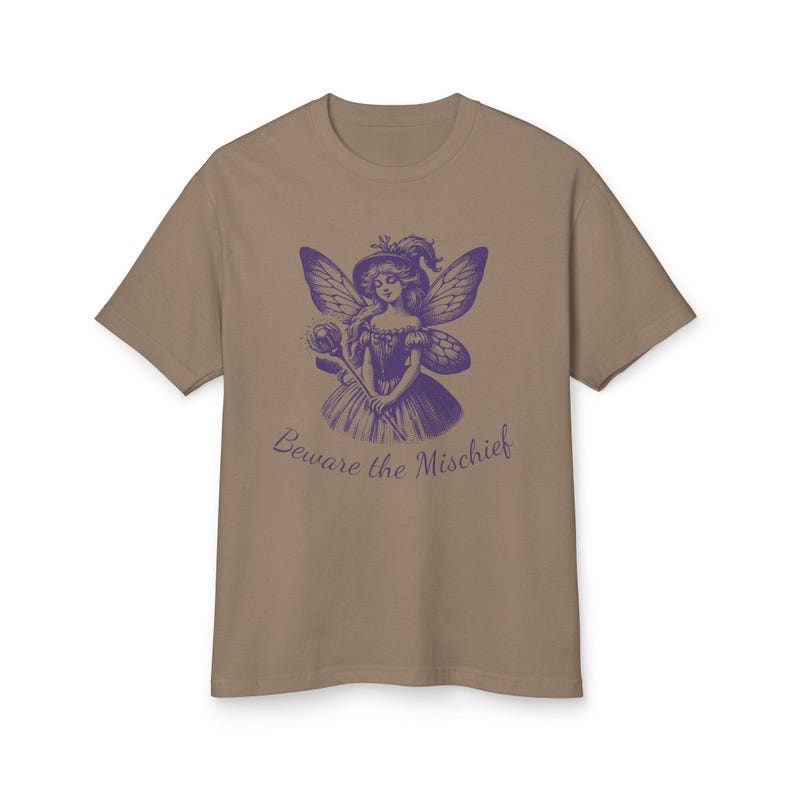 Unisex Faded Brown Vintage Style Retro Fairy Grunge T-Shirt featuring a Purple Winged Fairy and the sarcastic saying Beware the Mischief in this cute whimsical nature shirt for fairy lovers