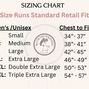 May include: Sizing chart for men's or unisex clothing. The chart shows sizes from small to triple extra large with corresponding chest measurements in inches.