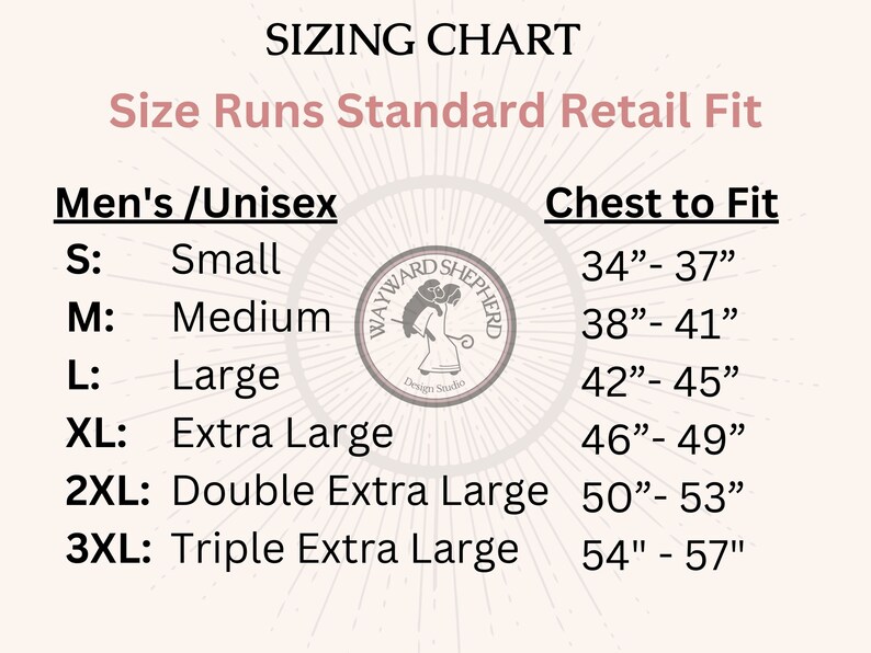 May include: Sizing chart for men's or unisex clothing. The chart shows sizes from small to triple extra large with corresponding chest measurements in inches.