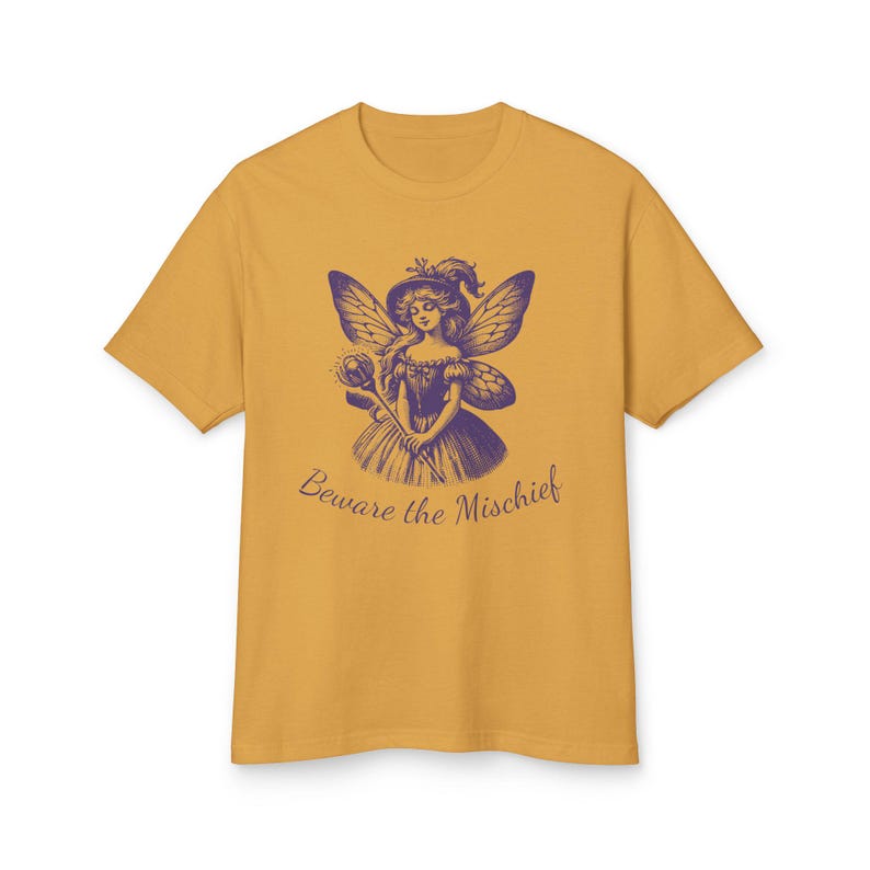Unisex Faded Mustard Vintage Style Retro Fairy Grunge T-Shirt featuring a Purple Winged Fairy and the sarcastic saying Beware the Mischief in this cute whimsical nature shirt for fairy lovers