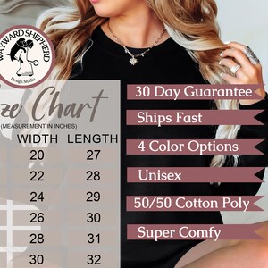 Peut inclure: Tableau des tailles pour un sweat-shirt avec des mesures en pouces. Le tableau indique la largeur et la longueur du sweat-shirt dans les tailles S, M, L, XL, 2X et 3X. Le tableau comprend &eacute;galement des informations sur le tissu, qui est 50/50 coton poly, et la coupe, qui est unisexe et super confortable.