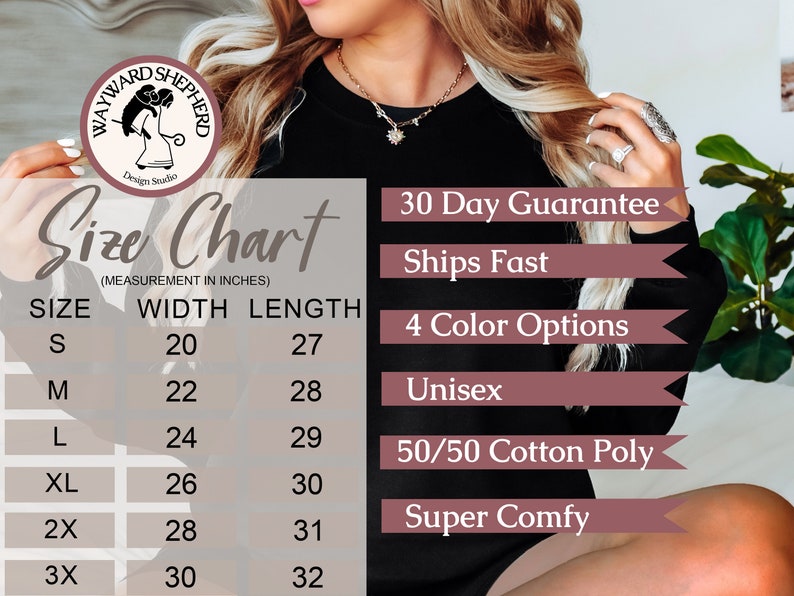 Peut inclure: Tableau des tailles pour un sweat-shirt avec des mesures en pouces. Le tableau indique la largeur et la longueur du sweat-shirt dans les tailles S, M, L, XL, 2X et 3X. Le tableau comprend &eacute;galement des informations sur le tissu, qui est 50/50 coton poly, et la coupe, qui est unisexe et super confortable.