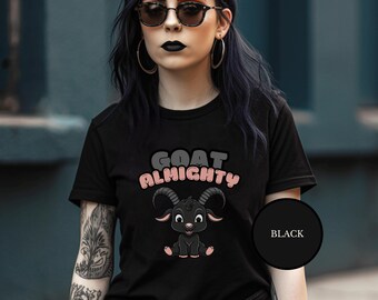 Shirt Black Phillip Goat Almighty, baby Baphomet satanische kleding, folkhorrorfilmshirt, losgeslagen meme-shirt, godslasterlijk heksencadeau