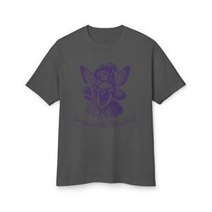 Unisex Faded Black Vintage Style Retro Fairy Grunge T-Shirt featuring a Purple Winged Fairy and the sarcastic saying Beware the Mischief in this cute whimsical nature shirt for fairy lovers