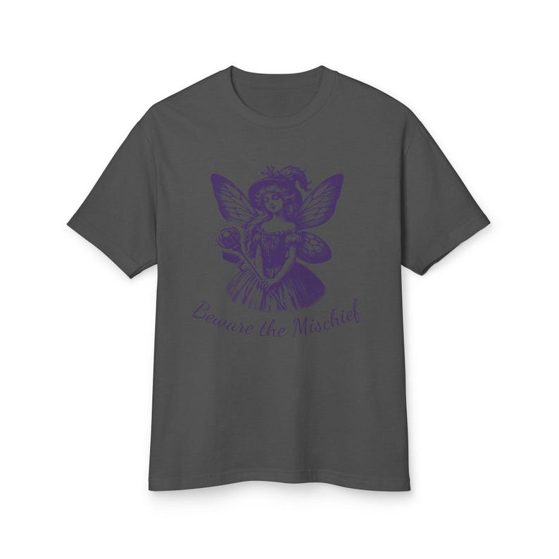 Unisex Faded Black Vintage Style Retro Fairy Grunge T-Shirt featuring a Purple Winged Fairy and the sarcastic saying Beware the Mischief in this cute whimsical nature shirt for fairy lovers