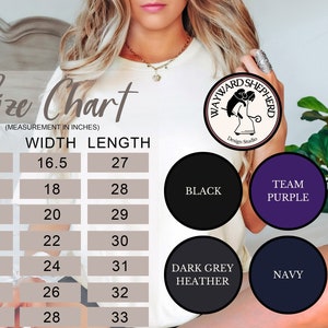 Our Sizing and Color Chart for our Live Deliciously witch shirts