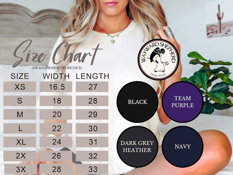 Our Sizing and Color Chart for our Live Deliciously witch shirts