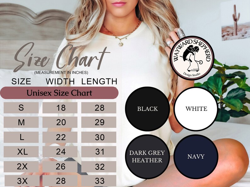 May include: Size chart for a unisex t-shirt with measurements in inches. The chart shows sizes S through 3X with corresponding width and length measurements. The available colors are black, white, dark grey heather, and navy.