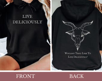 Goat Head Live Deliciously Hoodie, Goth-gåva, Black Phillip-filmkläder, Satanisk häxkonst-tröja, mörk estetisk pullover