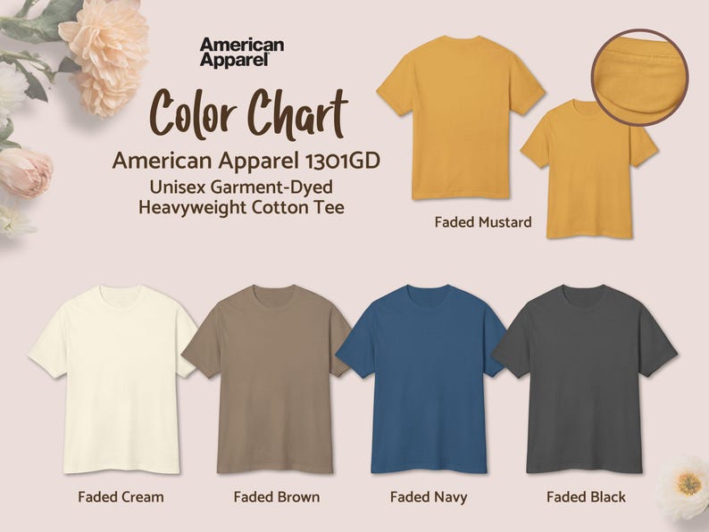 Color Chart for Our American Apparel Unisex Garment-dyed Heavyweight Cotton Tees in Vintage Faded Color Options