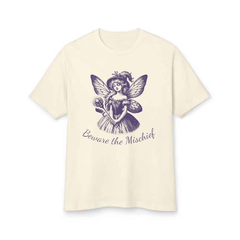 Unisex Faded Cream Vintage Style Retro Fairy Grunge T-Shirt featuring a Purple Winged Fairy and the sarcastic saying Beware the Mischief in this cute whimsical nature shirt for fairy lovers