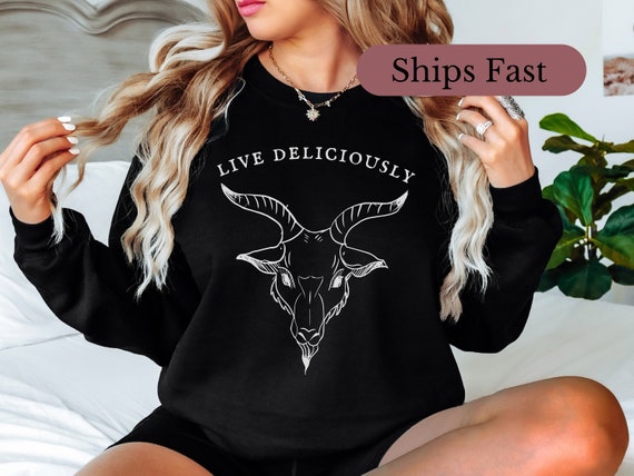 Live Deliciously Black Phillip Sweatshirt Baphomet Godless Pullover Witchcore Aesthetic Horror Fan Gift Pagan Occult Satanic Gothic Clothing