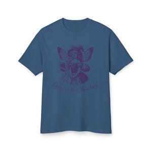 Unisex Faded Navy Vintage Style Retro Fairy Grunge T-Shirt featuring a Purple Winged Fairy and the sarcastic saying Beware the Mischief in this cute whimsical nature shirt for fairy lovers