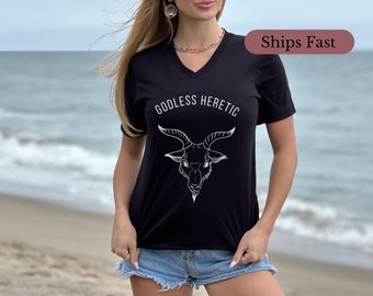 GODLESS HERETIC, Satanic Goat V Neck Shirt, Baphomet Witchcore Aesthetic, Horror Fan Gift, Atheist, Edgy Alternative, Shirts That Go Hard