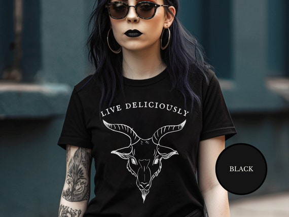 Black Phillip Shirt Live Deliciously Baphomet Godless Clothes Witchcore Aesthetic Witch Horror Fan Gift Pagan Occult Satanic Gothic Clothing