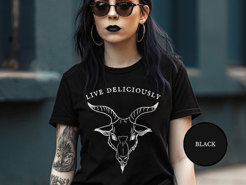 Black Phillip Shirt Live Deliciously Baphomet Godless  Witchcore Aesthetic Witch Horror Fan Gift Pagan Occult Satanic Gothic Clothing