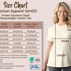 Sizing Charts for Our American Apparel Unisex Garment-dyed Heavyweight Cotton Tees in Vintage Faded Color Options