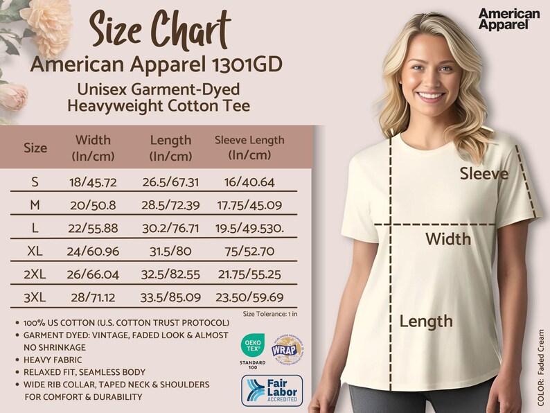 Sizing Charts for Our American Apparel Unisex Garment-dyed Heavyweight Cotton Tees in Vintage Faded Color Options