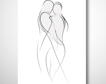 Lámina decorativa para parejas románticas, arte minimalista lineal, decoración de pared con temática de amor (descarga digital)