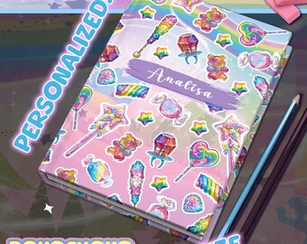 Personalized Hardcover Journal, Rainbow Theme with cute candy print! Pastel Colors, School Supplies, Back to school or Journaling Gift