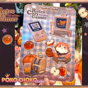 Hoja de pegatinas retro gamer de otoño, pegatinas kawaii, pegatinas de panda rojo, regalo gamer, pegatinas divertidas, pegatinas gamer acogedoras