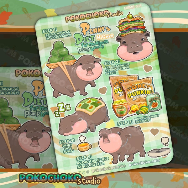 Cute Pygmy Hippo Sticker Sheet, Fall stickers, Funny Stickers, Weight Stickers, Kawaii Hippo, Food Stickers, meme stickers