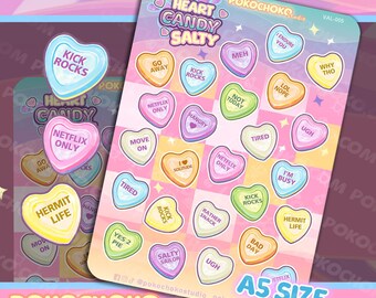 Cute Anti Valentines Valentine  SALTY Heart Candy Sticker Sheet, Valentine's Day gift, Kawaii Stickers for Journals, and Laptop Stickers