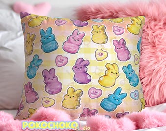Easter Marshmallow Bunny  Square Throw Pillow! Easter Decor, Pastel Kawaii Decor, Whimsical Gift