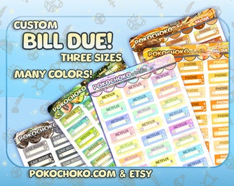 May include: Four sheets of colorful stickers with different bill due labels. The labels include "Netflix", "Phone", "Water", and "Car Ins", and are available in three sizes and many colors. The stickers are available on Pokochoco.com and Etsy.