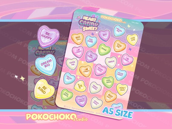 Cute Valentines Valentine  SWEET Heart Candy Sticker Sheet, Valentine's day gift, Kawaii Stickers for Journals, and Laptop Stickers