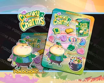 Cute Saint Patricks Day Cereal Sticker Sheet, Chunky Charms Hamster, Food Stickers, Foodie Gift