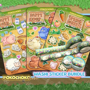 Paquete de pegatinas y washi: ¡Hoja de pegatinas de animales del granero de Pixel Farm Springtime Coop! ¡Pegatinas de pollos pixel art adorables! Arte retro de videojuegos.