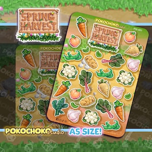 Feuille d'autocollants pour la récolte printanière de Pixel Farm ! Adorables stickers végétaux en pixel art ! Illustrations de jeu rétro