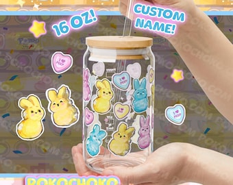 Custom Name Marshmallow Bunny Glass Coffee or Tea Tumber! 16oz with Lid and Straw Easter Gift!